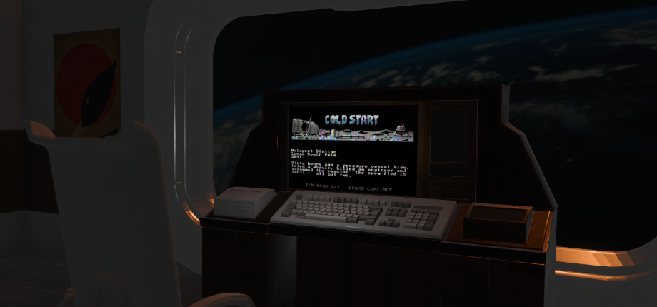 A retro computer terminal showing the Cold Start title screen, in front of a window looking out at Earth.